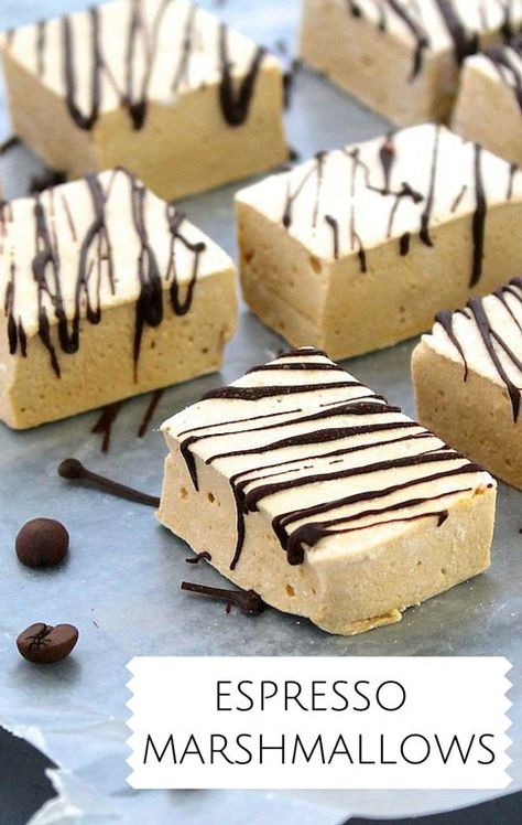 Espresso Marshmallows recipe: a hint of coffee, a drizzle of dark chocolate #glutenfree Homemade Espresso, Homemade Marshmallow Recipe, Gourmet Marshmallow, Flavored Marshmallows, Marshmallow Treats, Recipes With Marshmallows, Homemade Marshmallows, Homemade Candies, Homemade Chocolate