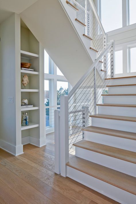 Showcase: Explore Features - Marnie Custom Homes Beach House Staircase, Coastal Staircase, Cable Railing Interior, Beach House Stairs, Duplex Ideas, Interior Stair Railing, Dining Room Paint Colors, Cottage Plans, House Staircase