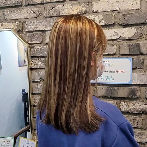 Ginger Brown Hair With Blonde Highlights, Cool Brown Highlights On Brown Hair, Golden Honey Highlights On Dark Hair, Hair Color Ideas Korean, Copper Brown Hair With Highlights, Dyed Hair For Brunettes, 90s Highlights Hair, Copper Brown Hair, Korean Hairstyles