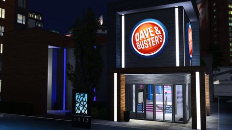 Dave & Buster's | Sims 4 Build | Patreon Sims 4 Arcade Lot, Sims 4 Birthday Party Lot, Sims 4 Bowling Alley Cc, Trap House Sims 4 Cc, Sims 4 Club Build, Sims 4 Movie Theater, Sims 4 Builds Patreon, Sims 4 Bowling Alley, Sims 4 Arcade