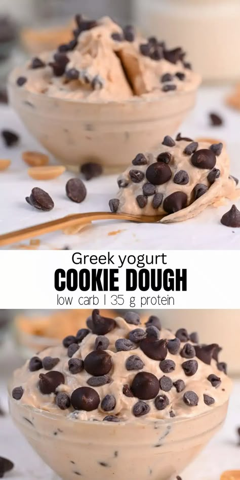 Protein Greek Yogurt Cookie Dough (Low Carb) Yogurt Cookie Dough, Greek Yogurt Cookie Dough, Greek Yogurt Cookies, Protein Greek Yogurt, Cookie Dough Yogurt, Healthy Protein Desserts, Protein Cookie Dough, High Protein Desserts, Healthy Protein Snacks