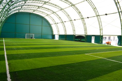 football ground covered with metal structure Football Training Ground, Indoor Football Field, Indoor Soccer Field, Sports Training Facility, Sports Facility Architecture, Football Ground, Paintball Field, Soccer Academy, Soccer Stadium