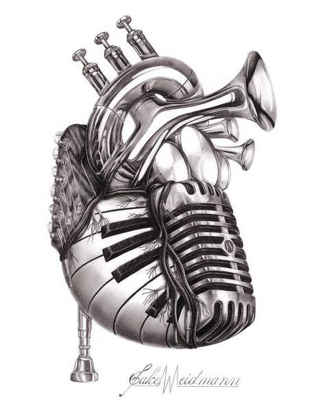 My original pencil drawing, “Heart of Music.” The major challenge of this drawing was creating the reflections in the horns to believably… Tattoo Silhouette, Drawing Instruments, Music Heart, Music Drawings, Music Illustration, Life Is Precious, Art Tumblr, Universal Language, Music Tattoo