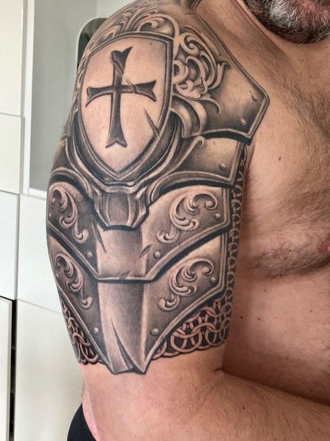 Armor Of God Tattoo For Men, Armour Tattoo Design, Shield Tattoos For Men, Knight Armor Tattoo, Armour Of God Tattoo, Plate Tattoo, Armor Sleeve Tattoo, Templar Knight Tattoo, Armor Of God Tattoo