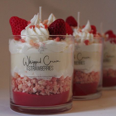 Dessert Candle Packaging, Candles Valentines Day, Whipped Candles, Strawberry Candles, Strawberries Whipped Cream, Bridal Candles, Strawberry Candle, Gifts For Housewarming, Dessert Candle