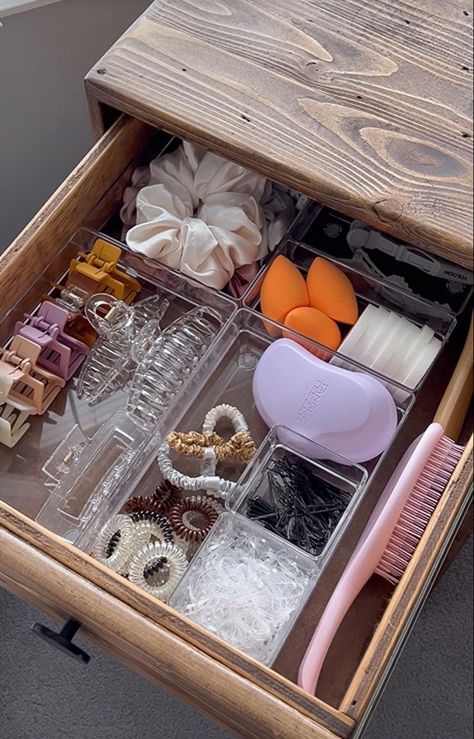 Dresser Clutter Aesthetic, Cute Room Accessories Aesthetic, Aesthetically Pleasing Organization, Hair Tool Organizer Drawer, Orginazation Ideas Bedroom Drawers, Hair Care Drawer, Bed Side Table Organization Ideas, What To Put On A Nightstand, Organizing Ideas Aesthetic