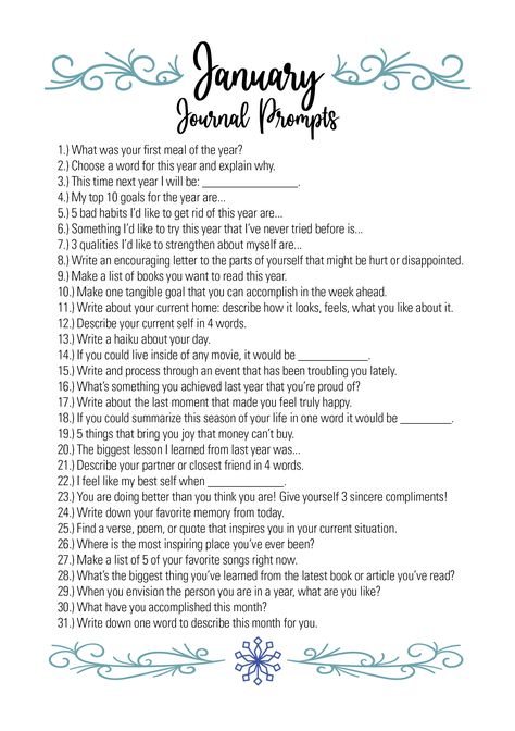 With this month's prompts, I’m really focusing on both looking forward and looking back which I think is important to do at the beginning of any new year. What can be learned from the year past? What are you bringing into the new year that doesn’t serve you? What do you hope to accomplish by this time next year? But there’s also a healthy dose of remaining “present” in the present throughout. Happy new year and happy journaling, my friends! Daily Writing Challenge, January Journal Prompts, Christian Journal Prompts, January Journal, January Writing, Monthly Journal, Journal Questions, Journal Layouts, Daily Journaling