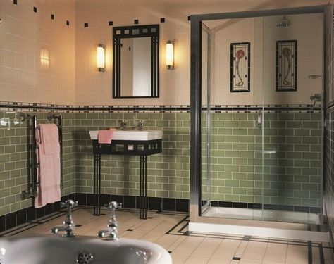 10 Amazing Bathroom with Art Nouveau 77 Art Deco Bathroom Tile, Art Nouveau Bathroom, 1930s Bathroom, Art Deco Bathrooms, Tiled Bathroom, House Journal, Bilik Air, Journal Magazine, Art Deco Bathroom