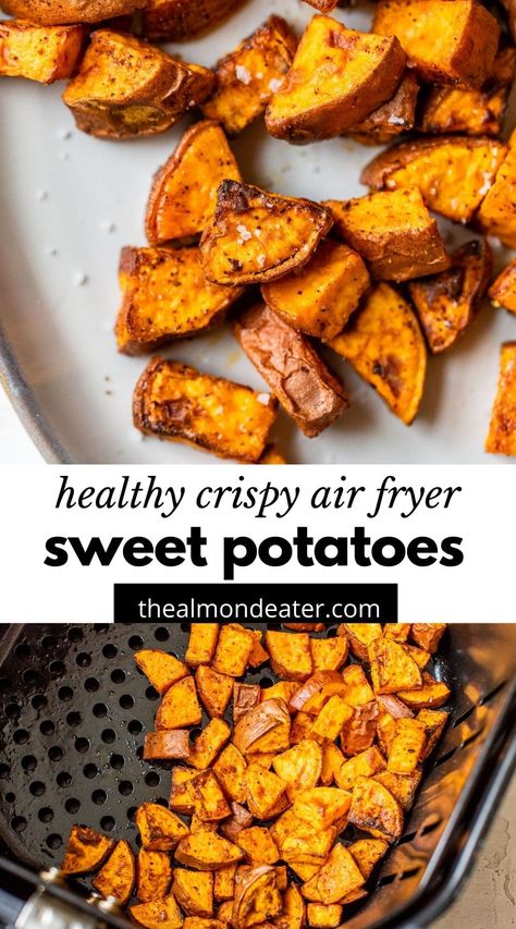 Easy Air Fryer Sweet Potatoes are crispy on the outside and soft on the inside. They're the perfect side to any meal and are ready in just 25 minutes! Air Fryer Sweet Potatoes, Sweet Potato Cubes, Potato Cubes, Sweet Potato Sides, Keto Cereal, Sweet Potatoe Bites, Cubed Sweet Potatoes, Air Fryer Oven Recipes, Thanksgiving 2020