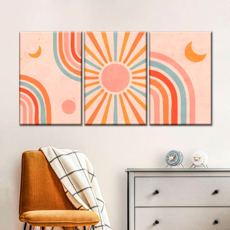 Sun And Moon Canvas, Moon Canvas, Boho Inspo, Boho Painting, Wall Decorating, Moon Wall Art, Flamingo Art, Canvas Painting Designs, Etsy Ideas