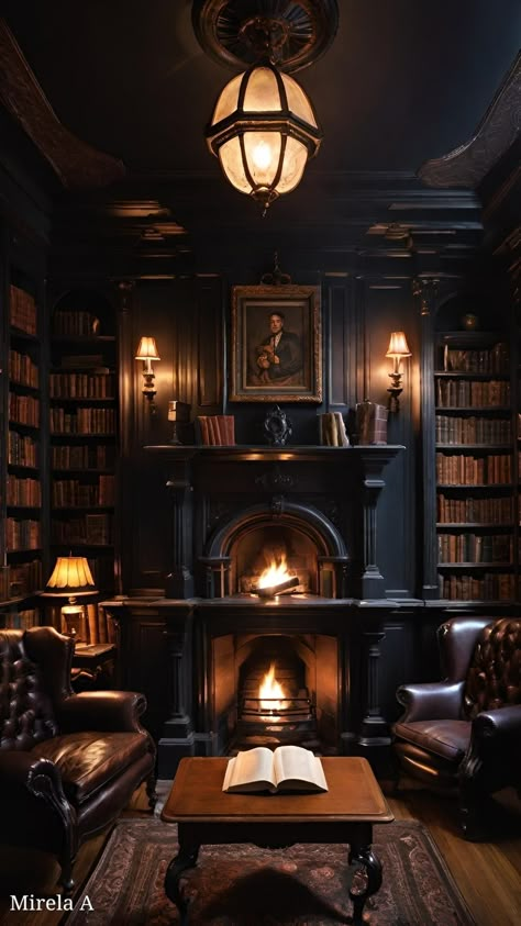 Old World Library Room, Dark Academia Bookshelves, Acotar Background, Hogwarts Interior, Dark Cottagecore House, Dream Home Library, Dark And Moody Interiors, Library Fireplace, Library Bar