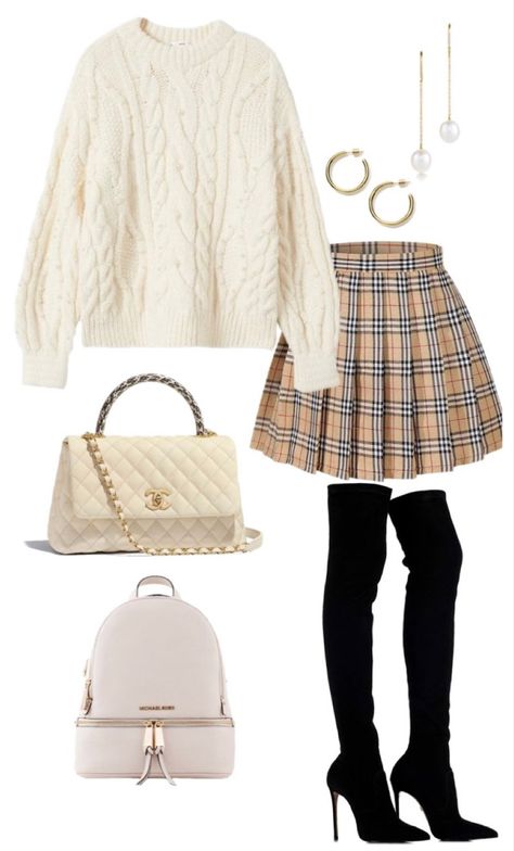 Styling Sweaters With Skirts, Plaid Beige Skirt Outfit, Beige Plaid Skirt Outfit, White Knitted Sweater Outfit, White Skirt Winter Outfit, White Plaid Skirt Outfit, Beige Pleated Skirt Outfit, Plaid Sweater Outfit, White Knit Sweater Outfit