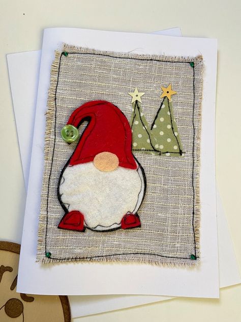 Gonk Christmas Cards, How To Make Fabric Cards, Sewn Christmas Cards, Free Motion Sewing, Fabric Christmas Cards, Sewn Cards, Quilted Postcards, Baby's First Christmas Card, Fabric Christmas Decorations