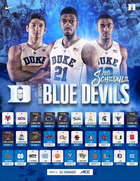 The Duke Blue Devils 2016 / 2017 Basketball schedule has just been released College Basketball Schedule Graphic, Basketball Schedule Poster, Basketball Schedule Design, Basketball Schedule Graphic, Basketball Graphics, Schedule Ideas, Basketball Ideas, Ucla Basketball, Basketball Tshirt Designs