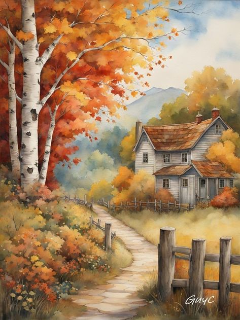 Birch Trees Landscaping, Forget The Past, Easy Landscape Paintings, Watercolor House Painting, Barn Painting, Scenery Paintings, Cottage Art, 수채화 그림, Watercolor Landscape Paintings