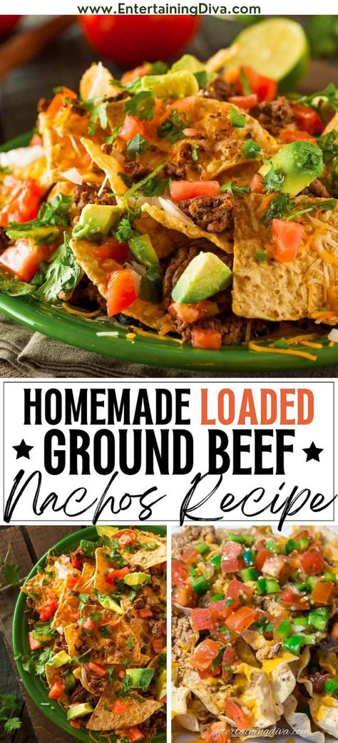 Nachos With Ground Beef, Easy Beef Nachos, Nacho Plate, Ground Beef Nachos, Recipes To Feed A Crowd, Loaded Nachos Recipe, Cheese Dip Crock Pot, Super Nachos, Nachos Recipe Beef