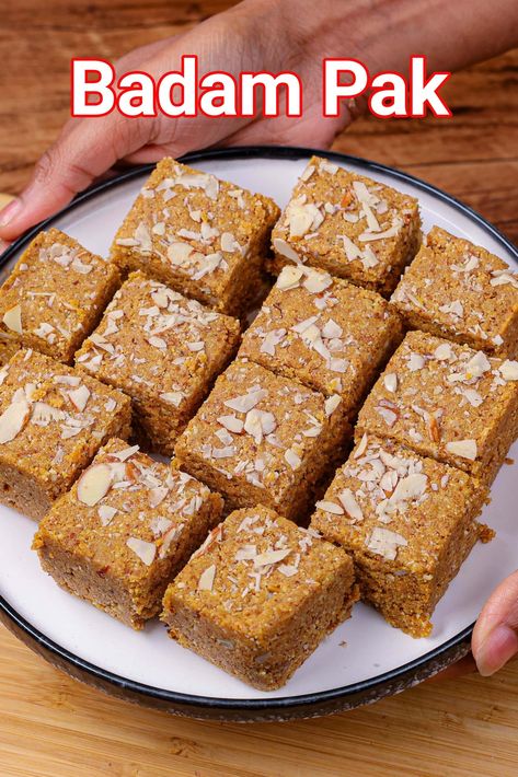 Badam Pak Recipe | Gujarati Almond Fudge Pulse Recipes, Desi Desserts, Fig Dessert, Easy Indian Dessert Recipes, Almond Fudge, Edible Gum, Easy Indian Dessert, Burfi Recipe, Diwali Food