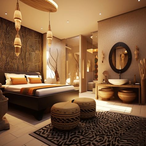 Wakanda Interior Design, African Inspired Decor Master Bedrooms, Afro Futurism Decor, African Inspired Home, Afrocentric Decor Afrohemien, African Inspired Bedroom Ideas, Afro Bohemian Bedroom, Afro Decor, Afrocentric Interior Design