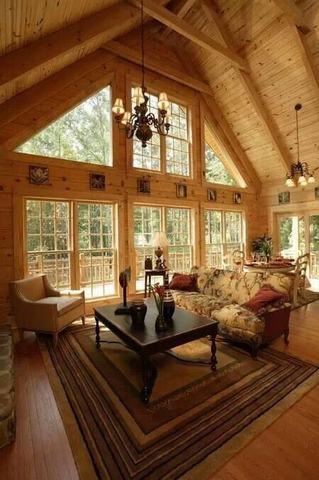 Love this room. Lodge Living Room, Log Cabin Living, Log Home Living, Log Home Interiors, Log Cabin Ideas, Tall Windows, Lots Of Windows, Cabin Living, Inspire Me Home Decor