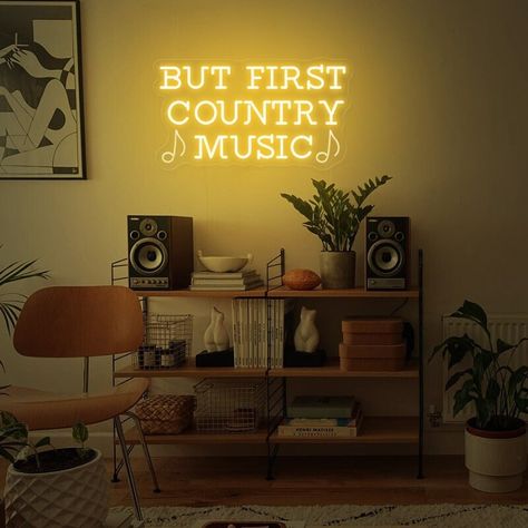 But First Country Music Neon Sign, Western Style Decor, Record Display Sign, Music Room Neon Sign - Etsy Country Music Bedroom, Western Neon Signs, Music Bedroom Decor, Band Room Ideas, Music Neon Sign, Music Office, Western Style Decor, Small Stage, Music Neon