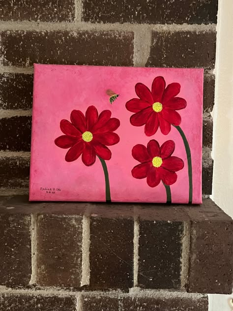 Easy Picture To Paint, Red Flower Painting Easy, Easy Canvas Flower Painting, Pink Flower Painting Easy, Cute Easy Painting Ideas On Canvas, Painting With Red Background, Valentine Paintings On Canvas, Red Background Painting, Red Painting Ideas