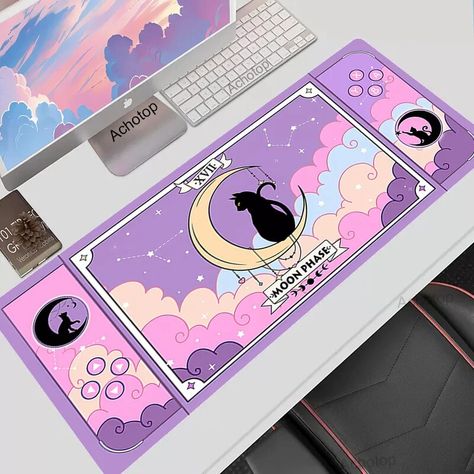 Office Long Table, Kawaii Desk, Keyboard Mat, Moon Cat, Pink Kawaii, Large Mouse Pad, Computer Game, Gaming Office, Keyboard Pad