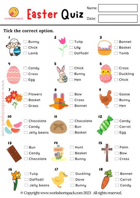 Easter Quiz, Free Printable Easter Picture Test - worksheetspack Easter Learning Activities For Kids, Easter Vocabulary For Kids, Easter English Worksheet, English Test For Kids, Easter Worksheets For Kids, Easter Learning Activities, Easter Quiz, Easter Trivia, Quizzes For Kids