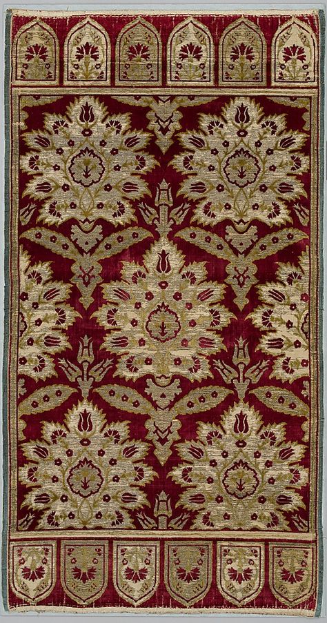 Yastik Cushion Cover  Object Name:     Cushion cover Date:     ca. 1600 Geography:     Turkey, Bursa Culture:     Islamic Medium:     Silk, cotton, metal wrapped thread; cut and voided velvet (çatma), brocaded Dimensions:     Textile a: H. 50 in. (127 cm) W. 26 1/2 in. (67.3 cm) Textile b: H. 50 1/2 in. (128.3 cm) W. 26 1/2 in. (67.3 cm) Mount: H. 53 3/4 in. (136.5 cm) W. 30 1/4 in. (76.8 cm) D. 2 1/4 in. (5.7 cm)  Classification:     Textiles Empire Ottoman, Turkish Textiles, Art Chinois, Bolster Covers, Silk Velvet Fabric, Needlework Embroidery, Antique Textiles, Velvet Cushions, Textile Patterns