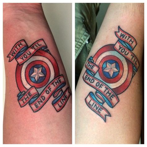 Couples tattoo. Adorbz. 💕  Tattooed by Noelle LaMonica Marvel Couple Tattoos, Marvel Couple, Marvel Tattoo Sleeve, Superhero Tattoos, Captain America Tattoo, Cap Tattoo, Avengers Tattoo, Small Couple Tattoos, Trending Tattoos