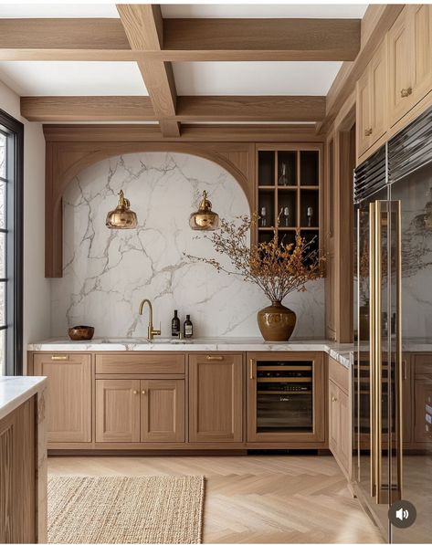 Transitional Neutral Kitchen, Oak Kitchen Cabinets With Gold Hardware, Modern Clean Kitchen Design, Painted Brown Cabinets Kitchen, Marble Kitchen Hood, Curved Backsplash Kitchen, 8 Ft Island Kitchen, Kitchen Sink On Island, Large Kitchen Hood