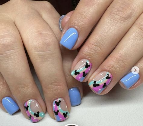 Disney Nails Non Acrylic, Pastel Disney Nails, Rainbow Disney Nails, Disney Themed Nails Acrylic Short, Disney Spring Nails, Daisy Duck Nails, Daisy Duck Inspired Nails, Purple Disney Nails, Pink And Blue Disney Nails