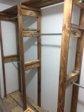 Diy Wooden Closet Organizer, Mobile Home Closet Remodel Single Wide, Diy Standing Closet, Stand Alone Closet Ideas, Diy Free Standing Closet, Rustic Closet Organization Ideas, Diy Freestanding Closet, Closet Wood Shelves, Diy Closet System