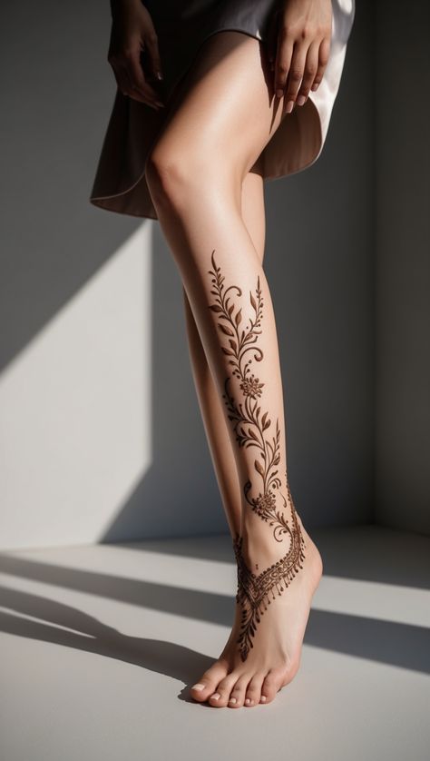 Elevate your style with this breathtaking leg mehndi design featuring delicate floral patterns and graceful leafy vines. Perfect for weddings, festive occasions, or modern celebrations, this design beautifully accentuates the natural curves of the leg, adding a touch of elegance and charm. Its intricate detailing combined with a minimalist approach makes it ideal for those who love refined, sophisticated henna art. Pin this for your next mehndi inspiration! Mehndi Inspiration, Leg Mehndi Design, Leg Mehndi Designs, Henna Designs Leg, Traditional Henna, Leg Mehndi, Legs Mehndi Design, Henna (mehndi) Design, Foot Tattoo