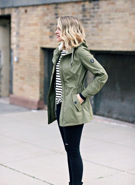 chic rain jacket, olive utility jacket, striped tee, skinny jeans Raining Jacket Outfit, Green Rain Coat Outfit, Olive Rain Jacket Outfit, Womens Spring Jacket, Green Rain Jacket Outfit, Casual Jackets, Utility Jacket Women, Casual Green Parka For Rainy Weather, Casual Green Spring Raincoat