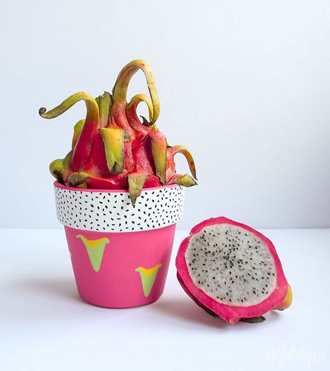 Super cute dragonfruit terra cotta planter pot! #dragonfruit #planter Diy Dragon, Fruit Diy, Fruit Crafts, Terra Cotta Pot, Planting Pots, Terra Cotta Pot Crafts, Planting Pot, Painted Pots Diy, Painted Plant Pots