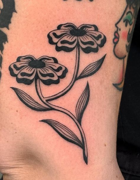 Kristen Mcatee Tattoo, Black American Traditional Tattoo Flash, Tattoo Ideas Female American Traditional, Old Fashioned Tattoo Ideas, Below The Elbow Tattoo, Blacked Out Flower Tattoo, Edgy Traditional Tattoos, Traditional Modern Tattoo, Filler Flower Tattoo