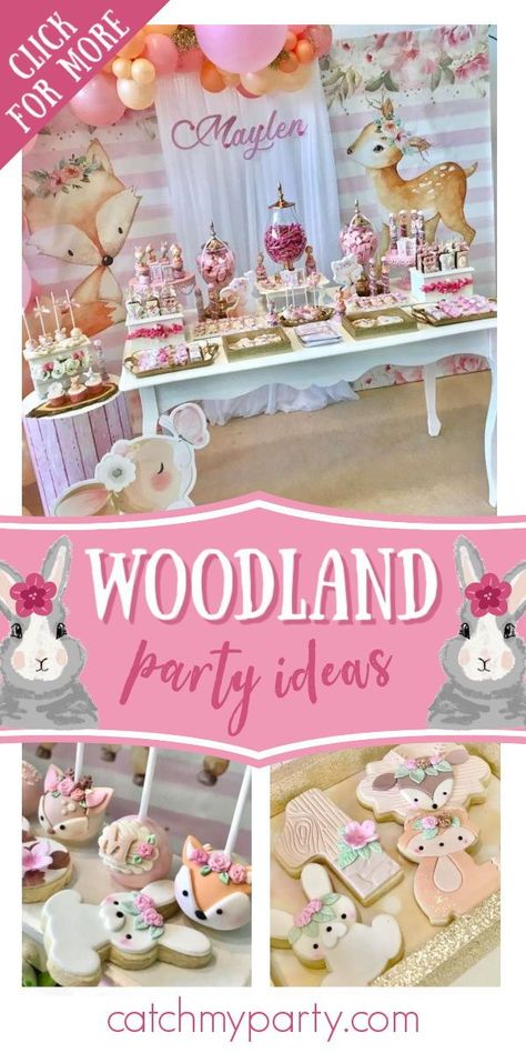 Woodland Animal Birthday Party, 1st Birthday Woodland Theme, Woodland Birthday Party Girl, Woodland Girl Birthday Party, Pink Woodland Birthday Party, Pink Woodland Party, Woodland Unicorn Party, Whimsical Woodland Birthday, Woodland Animal Birthday Party Girly