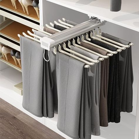 Amazon.com: MYOYAY Pull Out Trousers Rack 22 Arms Steel Pull Out Pants Rack Pants Hanger Bar Clothes Organizers for Closet for Space Saving and Storage Maximum Load 33lbs Beige 23.4x18x5.7inch : Home & Kitchen Bar Clothes, Pants Organization, Organiser Son Dressing, Pant Storage, Master Closet Design, Pants Hanger, Trouser Hangers, Pants Rack, Closet Design Layout