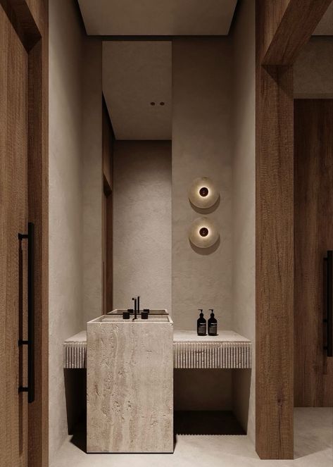 Cia tie apsvietimukai nice ,labiau pirmo aukstk tuliko ideja Resort Style Interior Design, Wabi Sabi Restroom, Japandi Washroom Design, Japanese Restaurant Bathroom, Resort Style Interior, Japandi Wash Basin, Modern Powder Room Design, Aman Tokyo Bathroom, Hotel Toilet