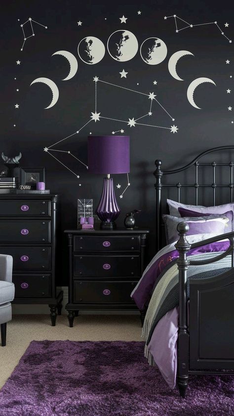 Witchy Vibes Bedroom, Gothic Witchy Bedroom, Witchy Bedroom Ideas Diy, Black Bedroom Ideas For Teens, Dark Witch Room Aesthetic, Purple And Black Room Ideas, Edgy Room Ideas Bedrooms, Fairytale Room Aesthetic, Moon Themed Bedroom