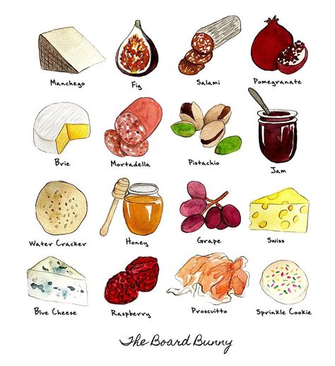 Art by Elowyn on Instagram: “I illustrated this adorable and delicious custom piece for @theboardbunny, if I could illustrate cheese & charcuterie all day everyday I…” Charcuterie Art Print, Charcuterie Watercolor, Cheese Board Illustration, Charcuterie Board Painting Ideas, Charcuterie Drawing, Charcuterie Board Drawing, Charcuterie Illustration, Charcuterie Board Painting, Charcuterie Board Art