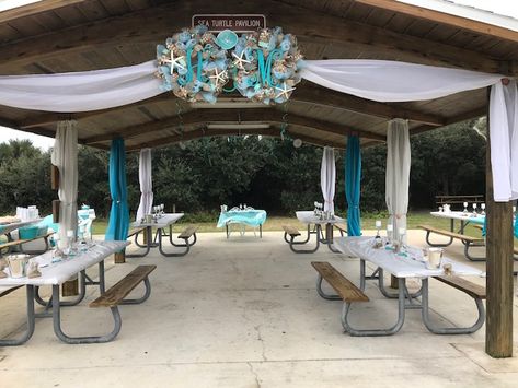 Alray & Melissa chose to rent the Sea Turtle Pavilion for their #beachwedding reception at Anastasia State Park in St. Augustine, FL. They had 40 people, brought trays of appetizers and had more food delivered. Charming and beautiful! #wedding2020 #beachweddingideas #Floridabeachweddings #destinationwedding #weddingreception #beachweddingdecor #Bohowedding Beach Pavilion Wedding, Park Wedding Ideas Pavilion, Park Pavilion Wedding Decorations, State Park Wedding Reception, Pavilion Baby Shower Ideas, Pavillion Party Decorations Park, Pavilion Party Decorations, Park Pavilion Decorations, Picnic Shelter Wedding Reception