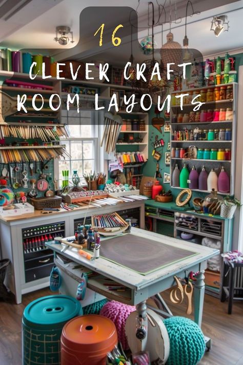 Transform your crafting area into an organized haven! 🎨✂️ Discover 16 clever craft room layout ideas maximizing your creative space. Pegboard walls, rolling carts - I've got the perfect blend of function and style. Curious about optimizing your craft room? Click for space-saving secrets! 🧵🖌️ #CraftRoomLayout #CreativeSpace #OrganizedCrafting #DIYRoom #CraftersDream Craft Room Furniture Ideas, Craft Room Guest Room Combo, Craft Room Layout Ideas, Craft Room Layout, Creative Workspace Inspiration, Vintage Craft Room, Pegboard Craft Room, Basement Craft Rooms, Crafting Area