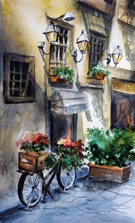 Watercolor Street Painting, Street Painting Watercolor, Italy Painting Watercolour, Italian Pictures Art, Italy Painting Acrylic, Street Painting Acrylic, Watercolor Street Scenes, Architecture Painting Acrylic, Italy Painting Easy