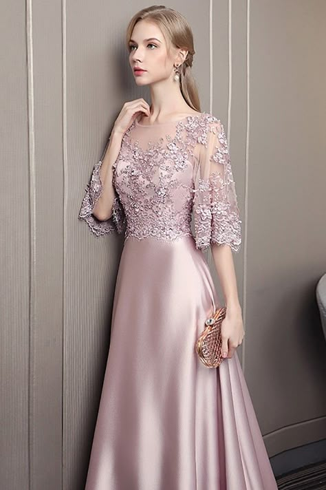 10% off now|Buy Noble Long Train Satin Evening Dress With Puffy Beaded Sleeves at affordable price online. Free shipping and pro custom service since 2009. Simple Evening Dress, Backless Formal Dresses, Grey Evening Dresses, Burgundy Evening Dress, Glamorous Evening Dresses, Pink Party Dress, Dress Kebaya, Gaun Fashion, Pink Party Dresses