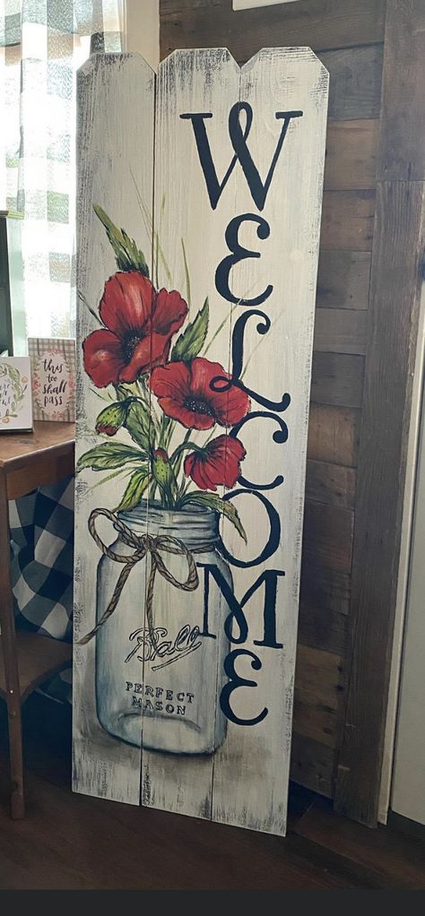 Painting Welcome Signs On Wood, Spring Wooden Signs Front Porches, Painted Wood Signs Diy Front Porch, Paintings On Barnwood, Front Door Signs Diy Entrance, Summer Wood Signs Front Porches, Outdoor Welcome Sign Diy, Painting On Boards Acrylics, Front Door Board Signs