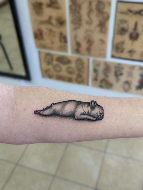 Tiny French Bulldog Tattoo, French Bulldog Memorial Tattoo, Frenchie Memorial Tattoo, Frenchie Ears Tattoo, Frenchie Tattoo Ideas, Frenchie Tattoos, Bday Tattoo, Halo Tattoo, Pet Memorial Tattoo