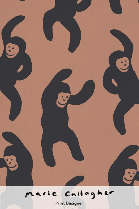 Monkey print shown on a textured paper. Underneath there is a logo that says "Marie Gallagher, Print Designer". Large Scale Prints, Cute Monkeys, Train Illustration, Monkey Illustration, Dancing Animals, Monkey Print, Monkey Art, Kids Print, Cute Monkey