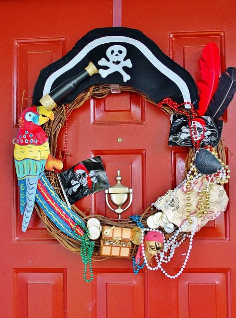 An Affordable DIY Gasparilla Wreath Gasparilla Wreath, Pirate Wreath, Kids Pirate Party, Pirate Stuff, Pirates Party, Birthday Wreath, Cadeau Parents, Pirate Halloween, Pirate Day