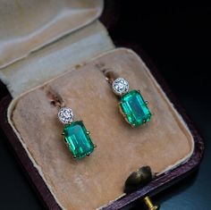 Antique 1 Ct + 1 Ct Emerald Diamond Gold Earrings - Antique Jewelry | Vintage Rings | Faberge Eggs Diamond Gold Earrings, Round Diamond Earrings, Bracelets Silver, Emerald Earrings, Antique Earrings, Diamond Gold, Emerald Jewelry, Jewelry Online Shopping, Fine Earrings